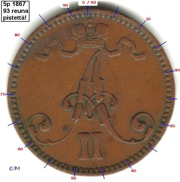 5 Penniä 1867 93 reunahelmeä