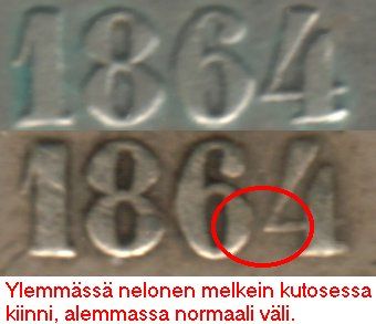 1 markka 1864 numeroiden 6 ja 4 välit erisuuruiset