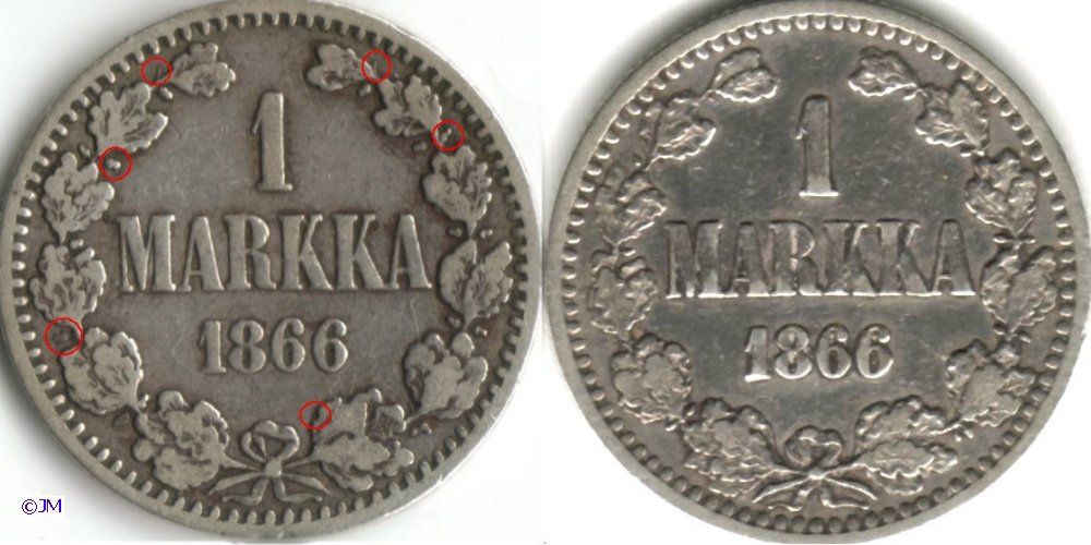 1 markka 1866 variantti vertailua