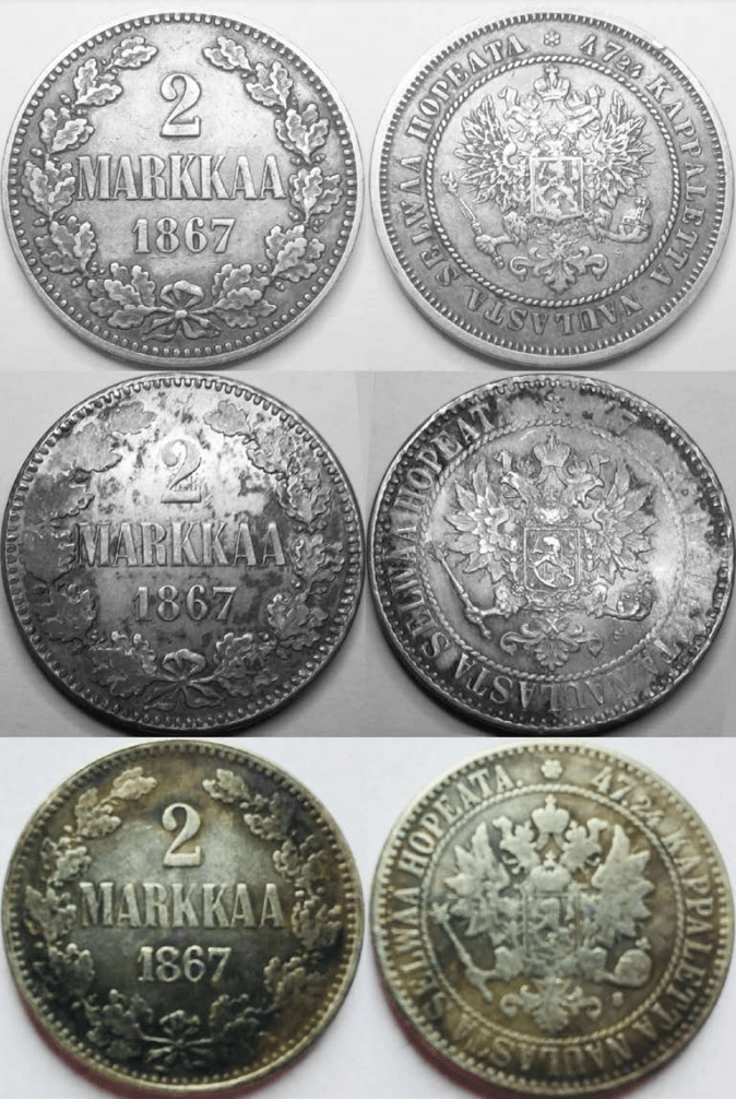 2 markkaa 1867 väärennöksien vertaaminen aitoihin rahoihin