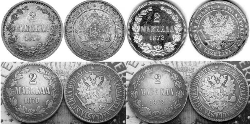 2 markkaa 1870 ja 1872 tunnetut väärennökset
