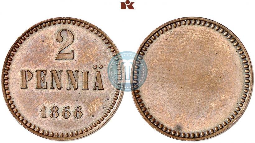 2 penniä 1866 koeraha, helmireunalla