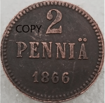 2 penniä 1866 koeraha kuparinen väärennös