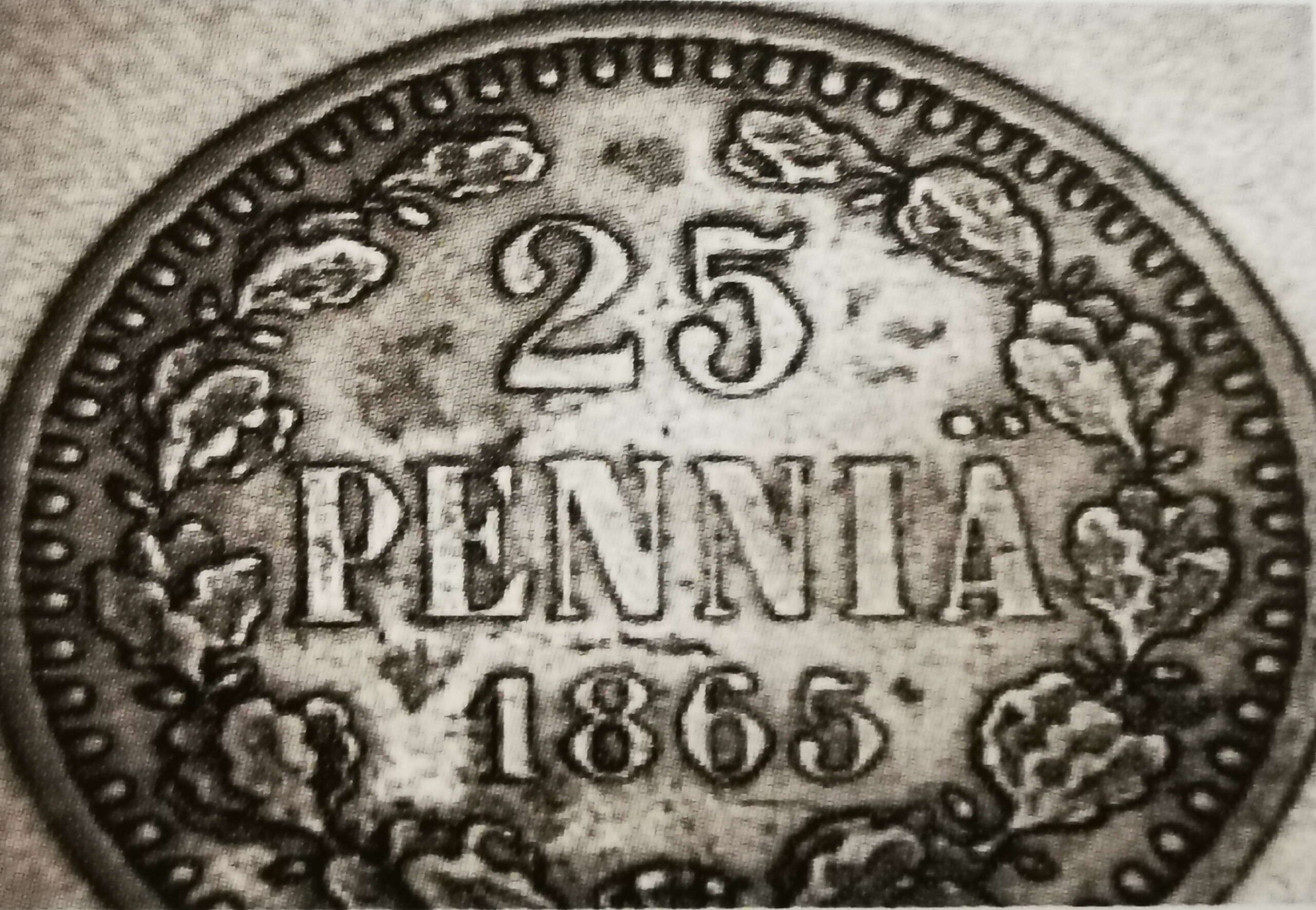 25 penniä 1865 variantti 1.6 arvopuoli