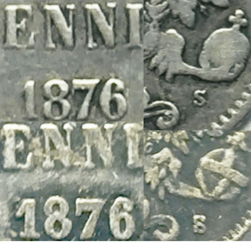 25 penniä 1876 väärennöksen vertailu aitoon rahaan