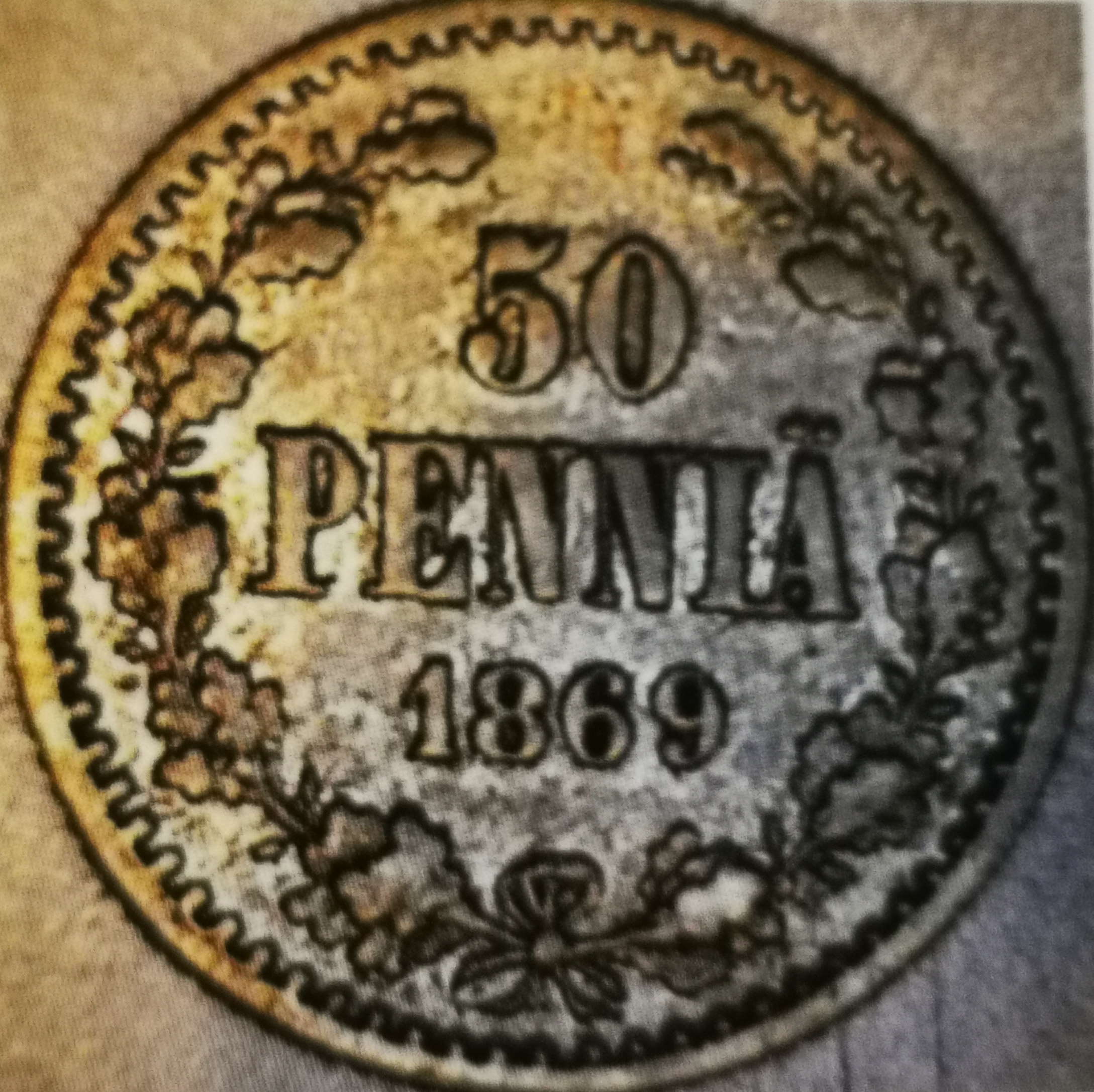 50 penniä 1869 variantti 1.1 arvopuoli