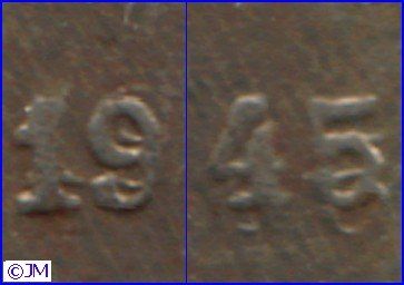 50 penniä 1945 variantti kaksoispuristus vuosiluvussa