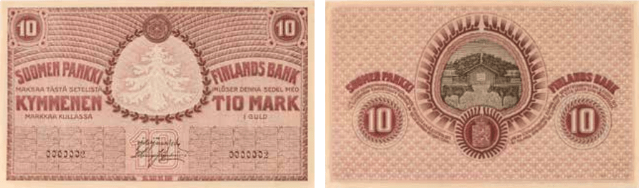10 markkaa 1918 arvo- ja tunnuspuoli