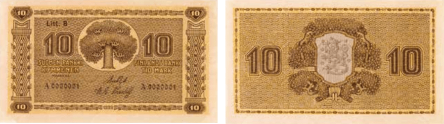10 markkaa 1922 Litt. B arvo- ja tunnuspuoli