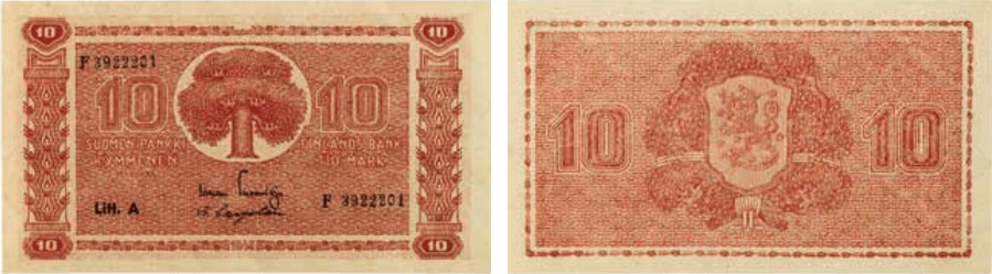 10 markkaa 1945 Litt. A arvo- ja tunnuspuoli