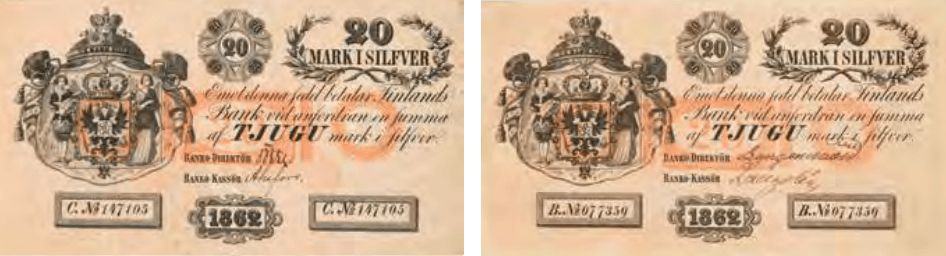 20 markkaa 1862 B ja C arvopuolet