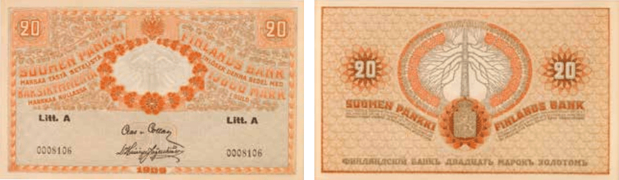 20 markkaa 1909 Litt A arvo- ja tunnuspuolet