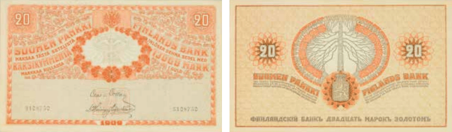 20 markkaa 1909 arvo- ja tunnuspuolet