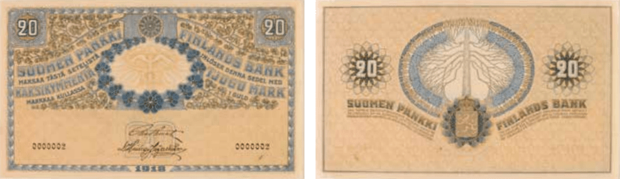 20 markkaa 1918 arvo- ja tunnuspuolet