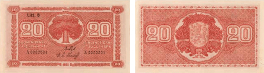 20 markkaa 1922 Litt B arvo- ja tunnuspuolet
