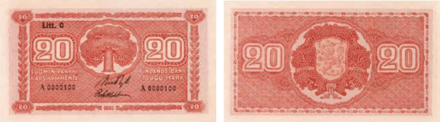 20 markkaa 1922 Litt C arvo- ja tunnuspuolet