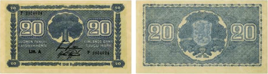 20 markkaa 1945 Litt A arvo- ja tunnuspuolet