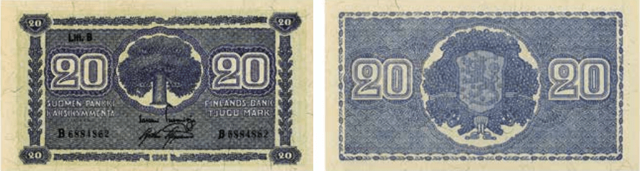 20 markkaa 1945 Litt B arvo- ja tunnuspuolet