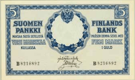 5 markkaa 1909 B sarja arvopuoli