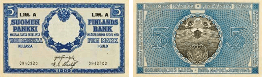 5 markkaa 1909 Litt. A arvo- ja tunnuspuoli