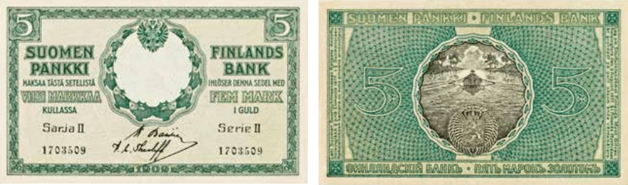 5 markkaa 1909 Sarja II arvo- ja tunnuspuoli
