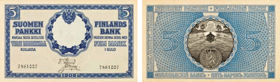 5 markkaa 1909 arvo- ja tunnuspuoli