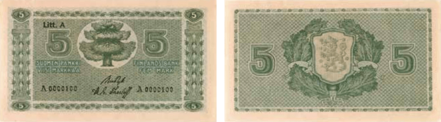 5 markkaa 1922 Litt A arvo- ja tunnuspuoli