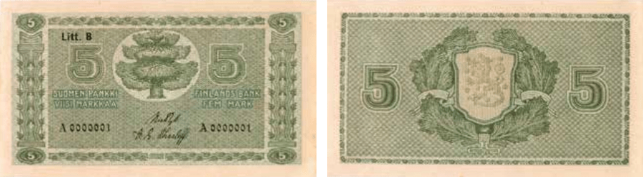 5 markkaa 1922 Litt B arvo- ja tunnuspuoli