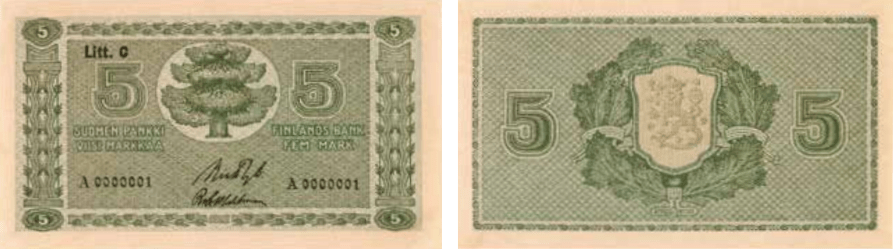 5 markkaa 1922 Litt C arvo- ja tunnuspuoli