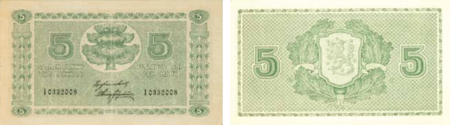 5 markkaa 1922 arvo- ja tunnuspuoli