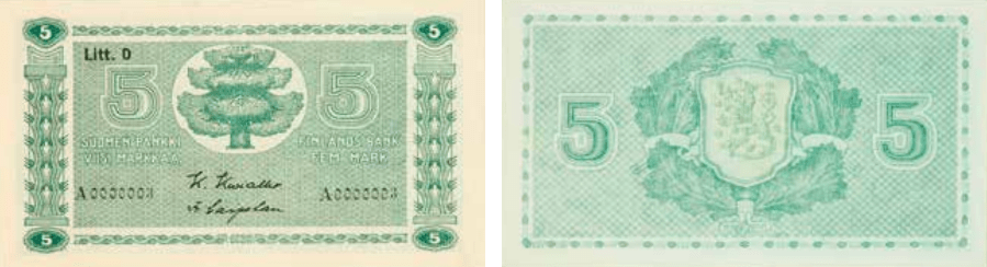 5 markkaa 1939 Litt D arvo- ja tunnuspuoli