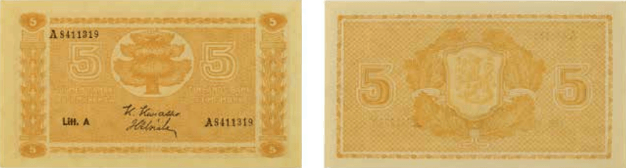 5 markkaa 1945 Litt A arvo- ja tunnuspuoli