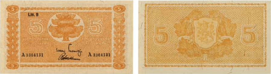 5 markkaa 1945 Litt B arvo- ja tunnuspuoli