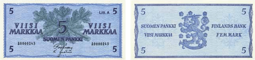 5 markkaa 1963 Litt A arvo- ja tunnuspuoli