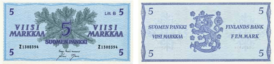 5 markkaa 1963 Litt B arvo- ja tunnuspuoli