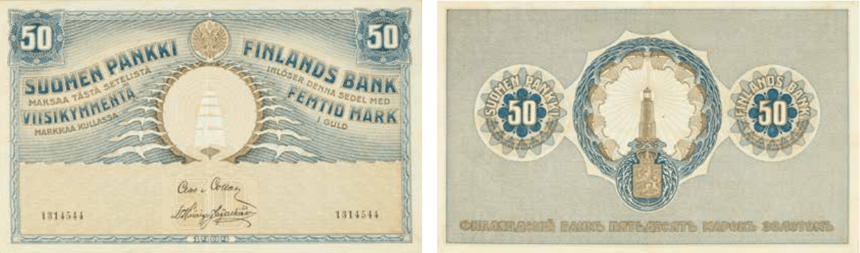 50 markkaa 1909 arvo- ja tunnuspuolet