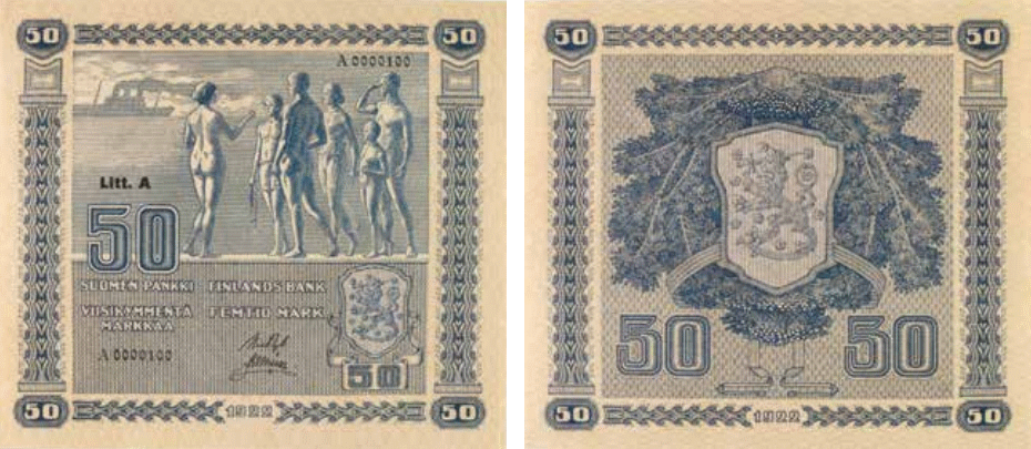 50 markkaa 1922 Litt A arvo- ja tunnuspuolet