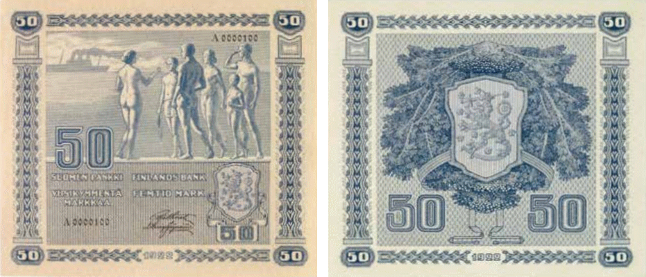 50 markkaa 1922 arvo- ja tunnuspuolet